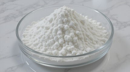 White crystalline chemical powder in glass dish. Food additive E211. Sodium benzoate, C6H5COONa. Sodium salt of benzoic acid. Food Preservative strong depressing effect on yeast and mold fungi