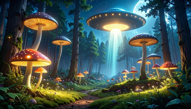 Magical forest scene at night with a UFO