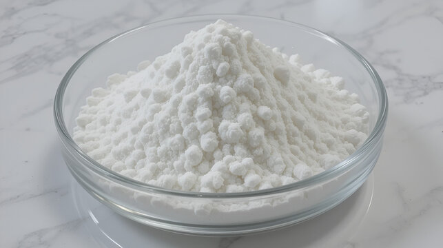 White crystalline chemical powder in glass dish. Food additive E211. Sodium benzoate, C6H5COONa. Sodium salt of benzoic acid. Food Preservative strong depressing effect on yeast and mold fungi