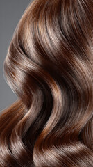 Fototapeta premium Close up of glossy brown hair with smooth waves and bright shine, highlighting rich color, silky texture, and healthy grooming details in studio light.