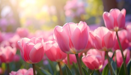 A beautiful cluster of vibrant pink tulips bathed in sunlight, showcasing delicate petals and a soft, cheerful mood.