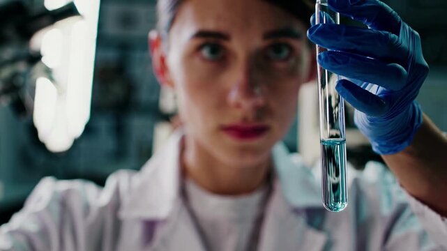 Close-up video still of a scientist in a lab coat examining a test tube. Shot from a low angle, highlighting focus and precision in a laboratory setting.