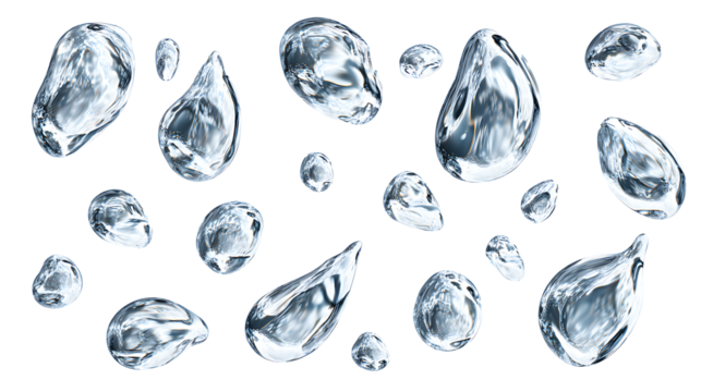 Transparent water droplets in irregular shapes, isolated on a white background.