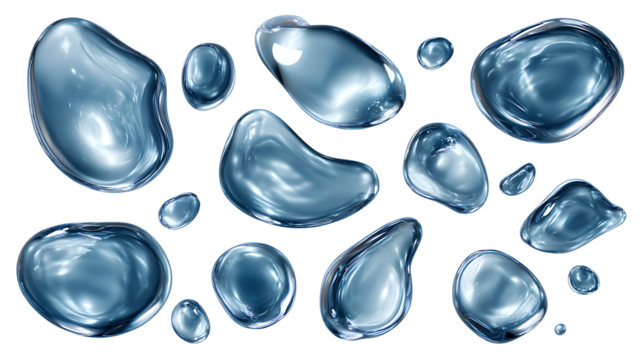 Transparent water droplets in irregular shapes, isolated on a white background.