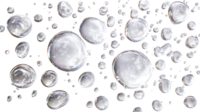 Mixed-size condensation drops with light refraction, isolated on a white background