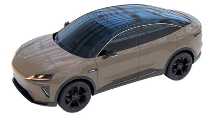Modern luxury autonomous SUV, tinted glass roof, integrated LED strips, minimalistic body lines, isolated on a white background.