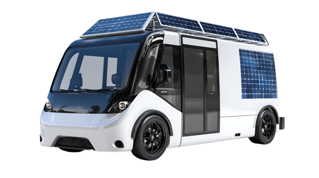 Electric delivery van, modular cargo design, solar panels on roof, clean futuristic look, isolated on a white background