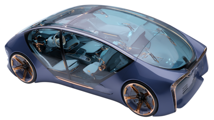 Futuristic electric sports car, sleek aerodynamic design, glowing neon lines, advanced AI control system, isolated on a white background