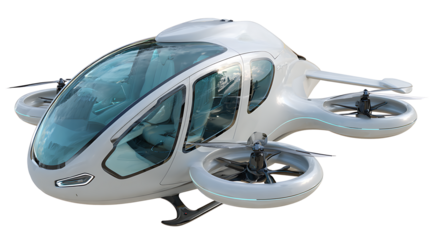Self-driving delivery drone vehicle, compact design, cargo storage, rotating thrusters, isolated on a white background