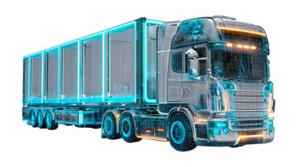 AI-guided futuristic cargo truck, modular container system, glowing navigation lines, isolated on a white background.