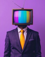 A person wearing a suit with an antique television set as their head against a vibrant purple backdrop.