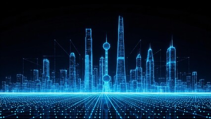 Futuristic cityscape with vibrant blue neon glow