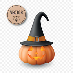 Vector Halloween Pumpkin with Witch Hat. Glowing Jack-o-Lantern with Spooky Smile and Witch Hat for Halloween Party Decor. Halloween Digital Clipart