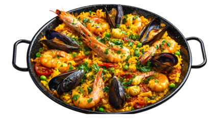 Spanish paella with shrimp, mussels, and saffron rice, isolated on a white background