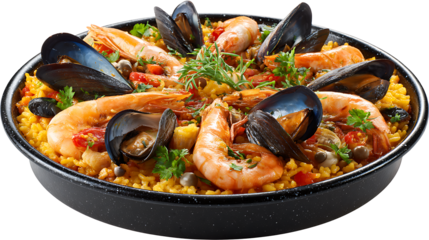 Spanish paella with shrimp, mussels, and saffron rice, isolated on a white background