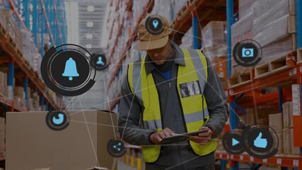 Warehouse worker walking aisle, tapping tablet calling icons verifying box and capturing stock data - Powered by Adobe