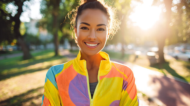 A cheerful woman in bright athletic wear, smiling confidently at the camera during a morning jog.
 - Powered by Adobe