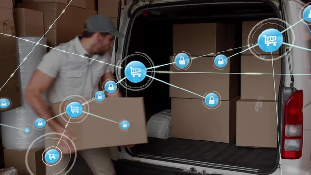 Delivery worker loading boxes into van and cart lock icons multiplying indicating secure e-commerce
