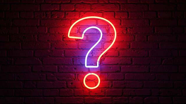 Neon question mark glows on red brick wall - Powered by Adobe