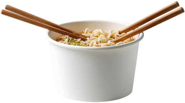 Cup of hot ramen with chopsticks, isolated on a white background - Powered by Adobe