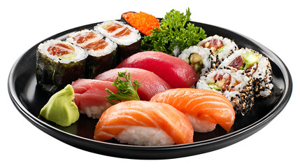 Traditional sushi platter with nigiri and maki rolls, isolated on a white backgroun