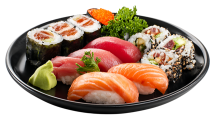 Traditional sushi platter with nigiri and maki rolls, isolated on a white backgroun