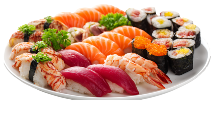 Traditional sushi platter with nigiri and maki rolls, isolated on a white backgroun