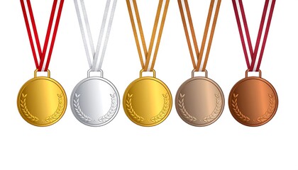 Four realistic, detailed, and vibrant competition medals with red, white, and gold, silver, and bronze ribbons hang against a plain white background.