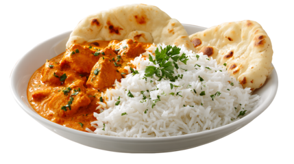 Indian curry with rice and naan bread, isolated on a white background