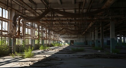 Abandoned industrial warehouse interior with sunlight and shadows.