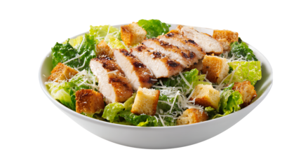 Caesar salad with grilled chicken, croutons and parmesan, isolated on a white background