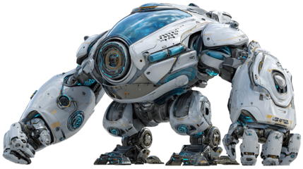 Futuristic battle robot, armored body, glowing details, sci-fi design, isolated on a white background