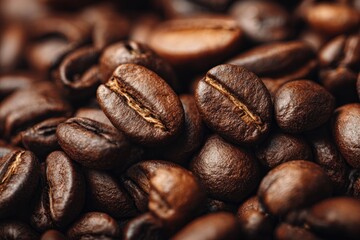 Fototapeta premium Close-up of roasted coffee beans. Dark brown, ovals, textured surfaces, and ridges. Shallow depth of field, focusing on several beans