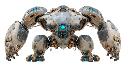 Futuristic battle robot, armored body, glowing details, sci-fi design, isolated on a white background