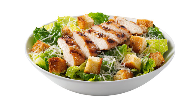 Caesar salad with grilled chicken, croutons and parmesan, isolated on a white background