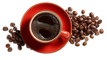 International Coffee Day still life with coffee cup and beans, isolated on a white background