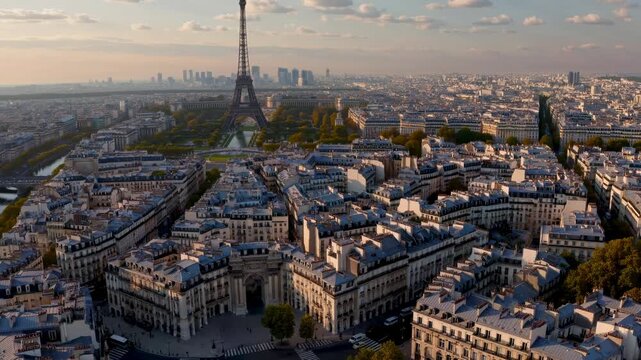 Aerial view of Paris at sunset, featuring the Eiffel Tower. Captures the city's skyline, ideal for a travel video showcasing urban landscapes.