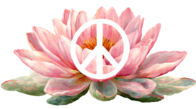 Yoga or Peace Day graphic for Non-Violence, lotus with peace sign, isolated on a white background