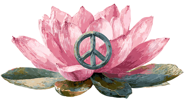Yoga or Peace Day graphic for Non-Violence, lotus with peace sign, isolated on a white background