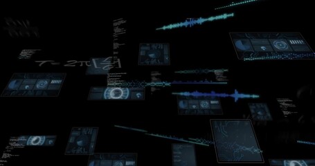 Formula floating on void starting 3D panels, elements emerging drifting pulsing for displaying data - Powered by Adobe