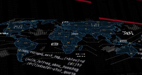 Code scrolling starting wireframe map emerging popping icons pulsing hex clusters showing data - Powered by Adobe