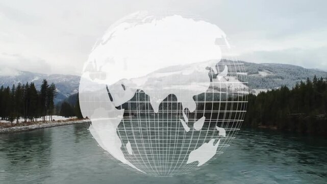 Upon emerging 3D render wireframe globe rotating above river completing revolution for mapping