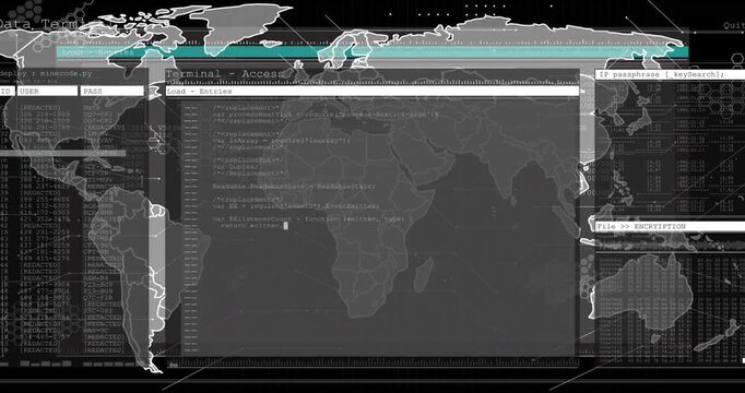 UI fading, world map panels appearing, code executing, scan bar shifting, status updating USER PASS