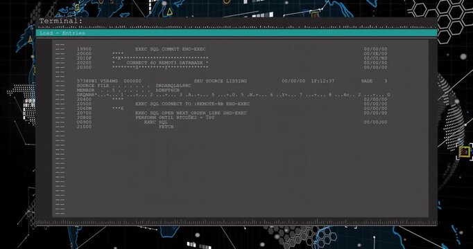 After one-second delay, terminal sliding into view, scrolling SQL code, showing database operations