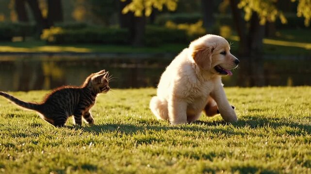 A playful kitten and puppy frolic on sunlit grass, captured in a low-angle shot. Perfect for a heartwarming pet video concept.
