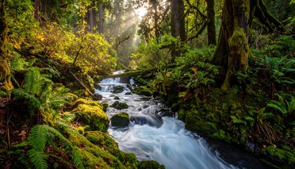 Obraz premium A tranquil stream winds through a lush, verdant forest, bathed in golden sunlight.