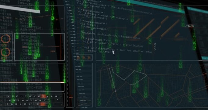 Green binary digits cascading, split interface loading code and drawing network map for monitoring