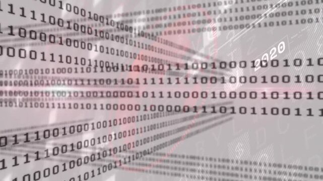Binary digits appearing and shifting right with red pulsing highlights showing data tunnel