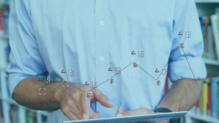 Man bringing finger close to tablet, initiating line chart overlay tapping updating finance data - Powered by Adobe