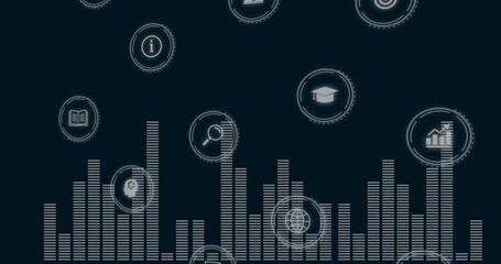 Bars starting pulsing under drifting icons brightening and cycling on navy screen showing data flow - Powered by Adobe
